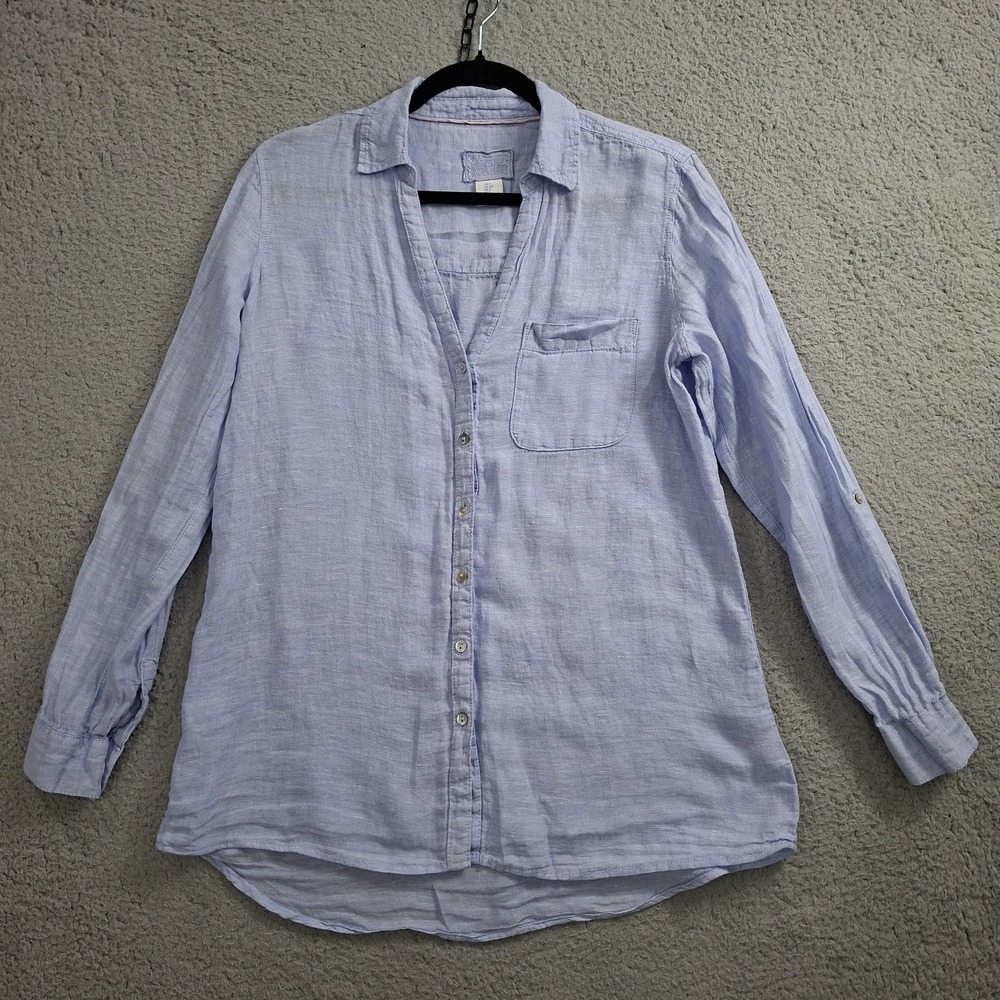 Sigrid Olsen 100% Linen Tunic Top Women S Blue Roll Tab Sleeve Button Up V-Neck